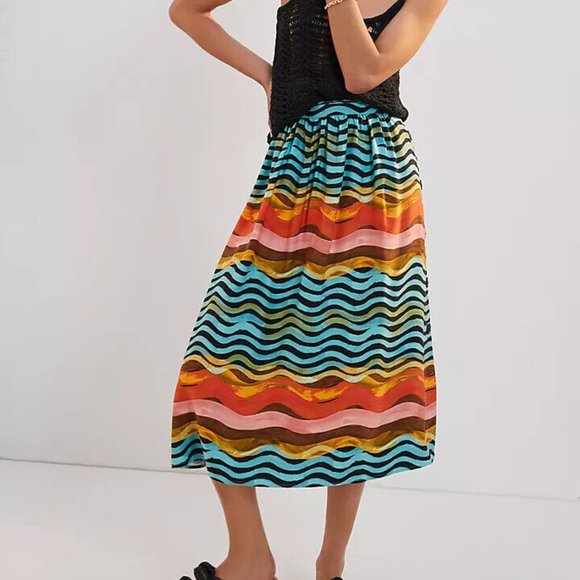 Anthropologie Corey Lynn Calter S NWT Waves Button Side Midi Skirt Maxi Vibrant